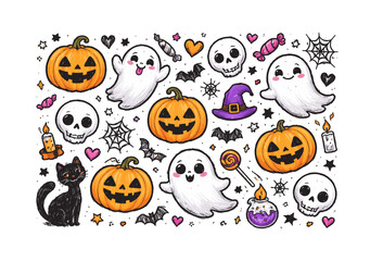 Cute halloween pattern with ghosts, pumpkins, and skulls in doodle style