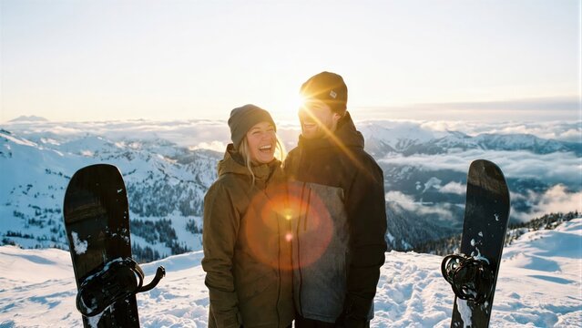 Happy man and woman snowboarding together on a snowy mountain top at sunset. Winter sports vacation and adventure travel for couple.