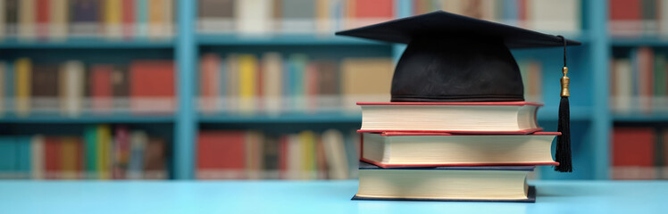 Graduation cap sits on stacked books in library. Academic achievement symbol. Education concept. Knowledge symbol. University graduation cap.