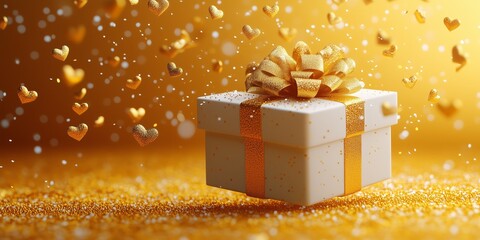 Matte yellow cardboard box with glossy ribbons floating in the bottom right corner, releasing a cloud of shiny glossy yellow hearts.