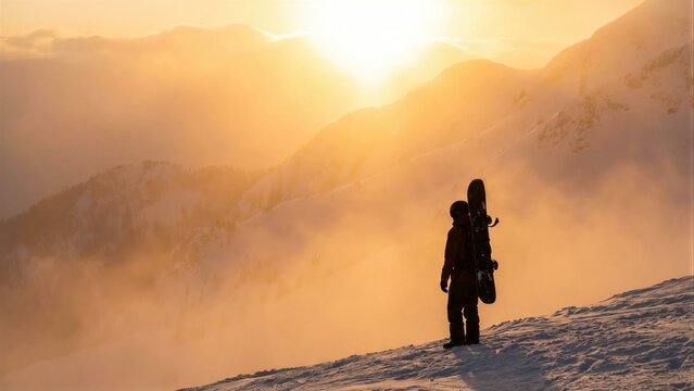 Snowboarder on snowy mountain at sunset or sunrise. Winter sport adventure travel concept. Freeride snowboard for extreme active lifestyle.