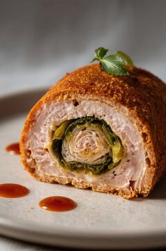 Chicken ballotine presented with refined culinary craftsmanship in clean minimalist food composition