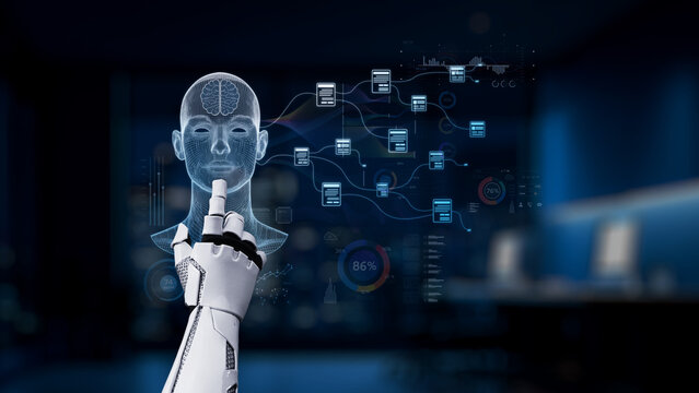 A robotic hand interacts with a holographic interface showcasing brain activity and data, representing the intersection of technology and human intellect in a modern setting. Synapse - Powered by Adobe