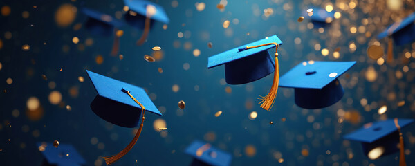Blue graduation caps with gold tassels fall on dark backdrop with golden confetti. Celebration academic success ceremony. Students graduates celebrate achievements in college university school.