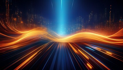 abstract digital data stream glowing orange lines futuristic technology background binary code modern network design elegant dark blue backdrop high tech
