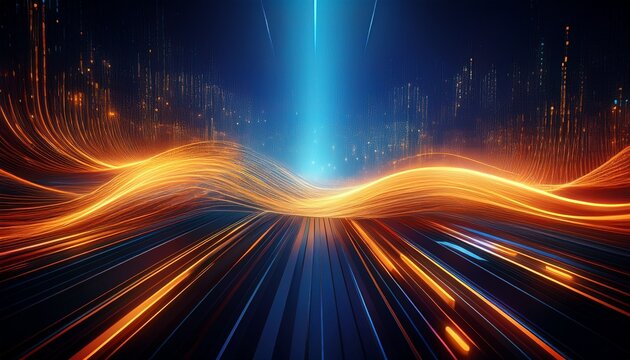 abstract digital data stream glowing orange lines futuristic technology background binary code modern network design elegant dark blue backdrop high tech - Powered by Adobe