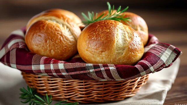Freshly baked bread rolls in rustic basket with herb garnish on wooden table