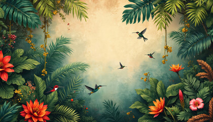 Fototapeta premium Hummingbirds fly through rich jungle foliage with vibrant flowers and hanging vines. The scene blends nature and art with a vintage feel suitable for decor.