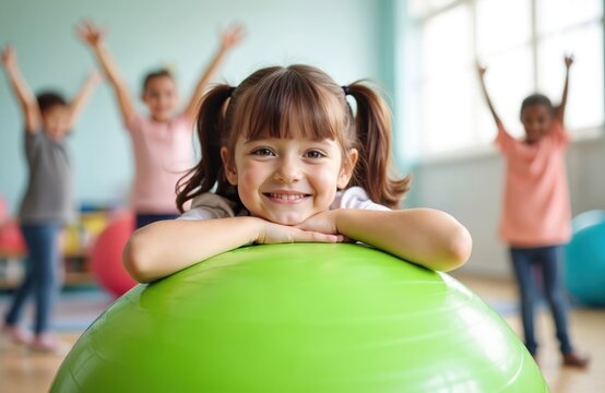 Happy young girl rests chin on large green ball in gym class. Children actively play and exercise in background. Group of kids enjoy fun physical education lesson indoors.