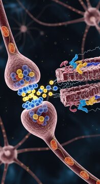 Synapse transmission between neural connections. Neurotransmitters released across the synaptic gap interacting with receptor molecules on the post synaptic membrane,