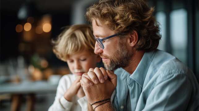 Faceless father and son praying together spiritual bonding stock photo religious practice family faith parent child worship peaceful moment defocused background with copy