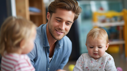 Happy young faceless dad having fun with kids on floor at home family playfulness parent children bonding indoor entertainment quality time defocused background