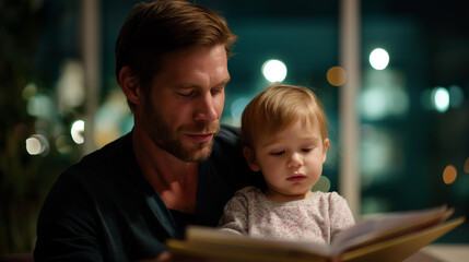 Faceless father reads book to young son at night bedtime story parenting ritual quality time literary bonding peaceful evening defocused background with copy