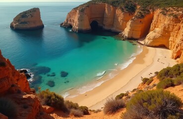 Scenic view of a secluded beach with turquoise water. Rocky cliffs frame the sandy shore. A tranquil scene of ocean, nature. Vacation, travel. Cliffside beach location.