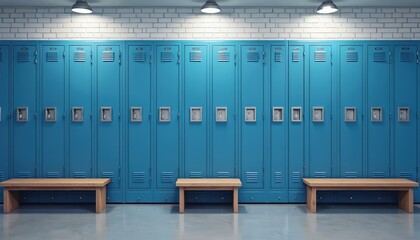 Blue metal lockers with padlocks and wooden benches in a clean locker room. Rows of cabinets offer secure storage. Functional space for gym, school, or workplace.