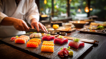 Japanese sushi chef preparing a platter of fresh salmon and tuna sashimi in a restaurant