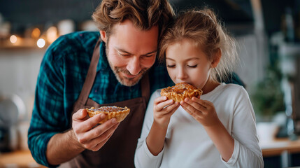 Happy faceless father and daughter eating sweet pie in kitchen family moment home cooking parent child bonding dessert sharing defocused background with copy