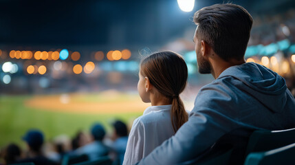Faceless parents and children watching baseball together family sports bonding recreational activity quality time shared entertainment defocused background with