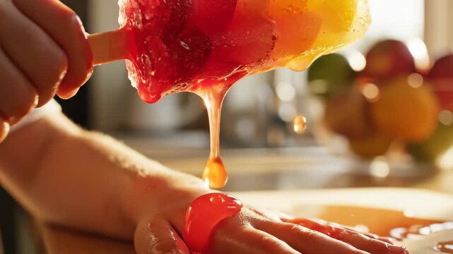 Bright colors blend together as a popsicle drips sweet juice on a sunny kitchen counter. The warm light highlights the fruity treat&rsquo;s refreshing appeal as it melts.