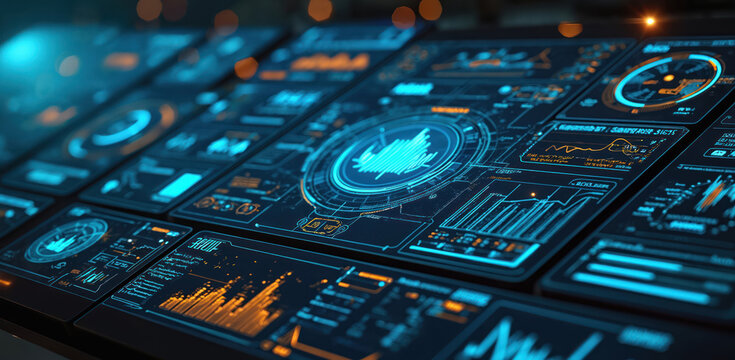 Futuristic digital dashboard displays complex data graphs, charts. Blue, orange glowing interface with abstract design elements on dark background. Advanced system monitoring screen for tech