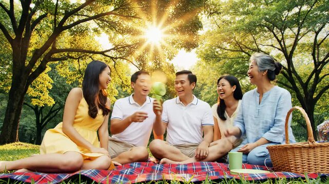 Friends gather on a colorful blanket in a vibrant park, sharing food and drinks as the sun shines brightly overhead. Laughter and joy fill the air while they create lasting memories together.