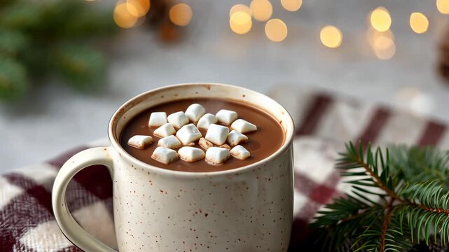 Cozy winter scene with hot chocolate and marshmallows by festive lights