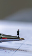 Tiny Figurine of a Businessman Standing on a Metallic Pen Tip with a Blurred Background