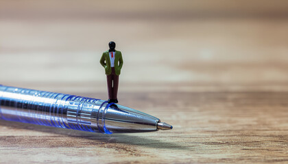 Small Business Figure Standing on a Ballpoint Pen in a Conceptual Office Setup