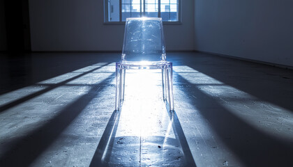 Modern Transparent Chair Lit by Dramatic Sunlight in an Empty Industrial Room