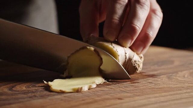 Ginger Root Being Sliced on a Wooden Cutting Board Preparation For Cooking