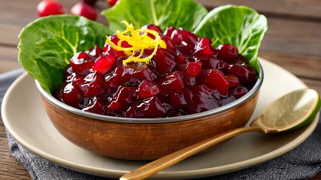 Fresh cranberry sauce with citrus zest in wooden bowl with green leaf garnish
