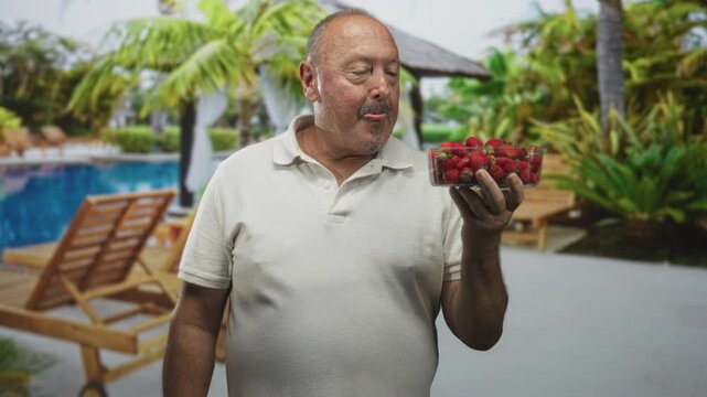 Man holding a clear container of strawberries, tongue out while inspecting and tasting fruit in studio; summer leisure curiosity.