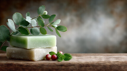 Natural Green Soap Bar with Olive Branches on Wooden Surface