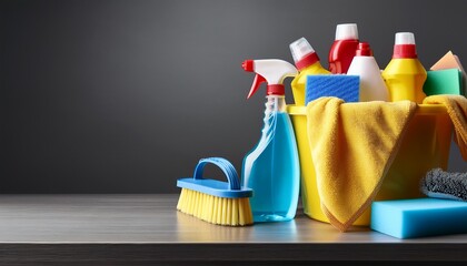 a bucket filled with cleaning supplies placed on a table against a grey background creating a visually appealing composition ample space for text to convey a cleaning related message or branding