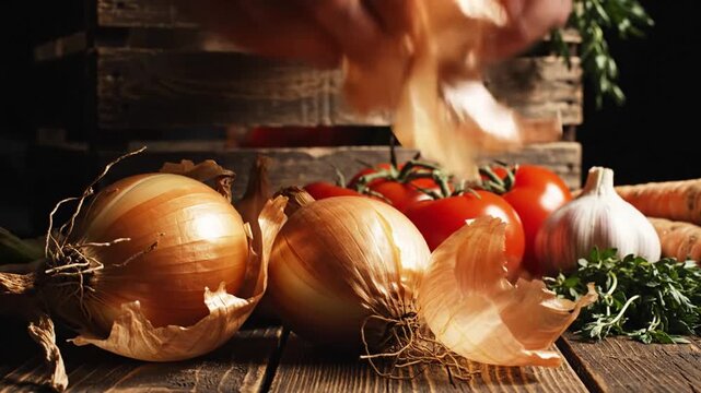 Golden Onions, Fresh Tomatoes, Carrots and Garlic in Rustic Arrangement on Wooden Background
