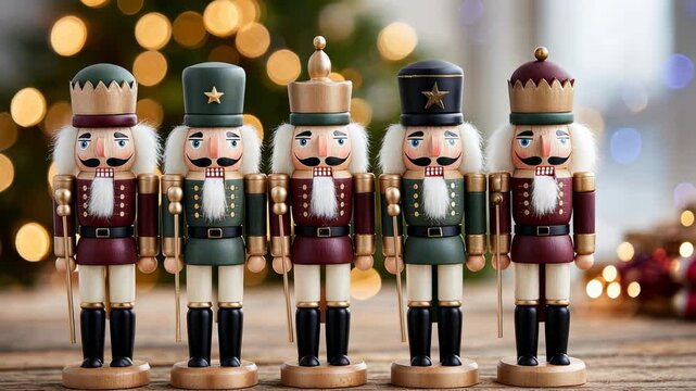 Festive wooden nutcracker soldiers forming a holiday decorative display