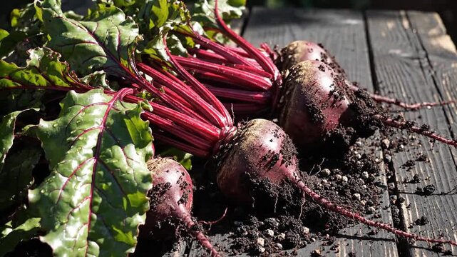 Freshly Harvested Beets with Lush Greens on Rustic Wooden Planks Close Up View