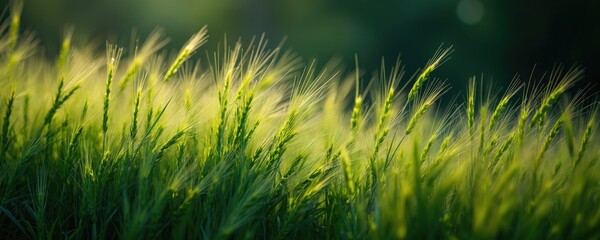 Obraz premium Close up photo shows vibrant green grass blades. Sunlight illuminates the texture creating bright details. Focus on plant details offers eco friendly, natural, summer concept.