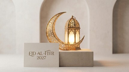 Eid al fitr 2027 celebration with golden crescent moon and lantern on beige stone pedestal in minimalist white room with Islamic holiday and Ramadan