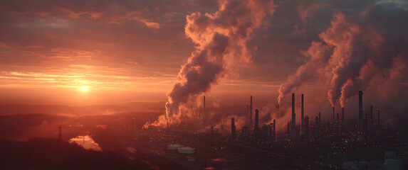 Aerial view of an oil refinery and chemical plant with smoking chimneys at sunset