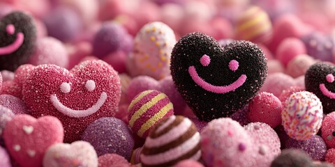 Fototapeta premium Cheerful red and pink heart characters with smiling faces and dew drops, whimsical love-themed background perfect for Valentine's Day designs