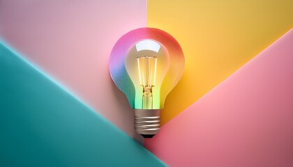 bright light bulb against vibrant geometric background with copy space in pastel colors depicting creativity and inspiration work smarter not harder concept