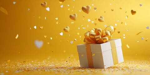 Matte yellow cardboard box with glossy ribbons floating in the bottom right corner, releasing a cloud of shiny glossy yellow hearts.