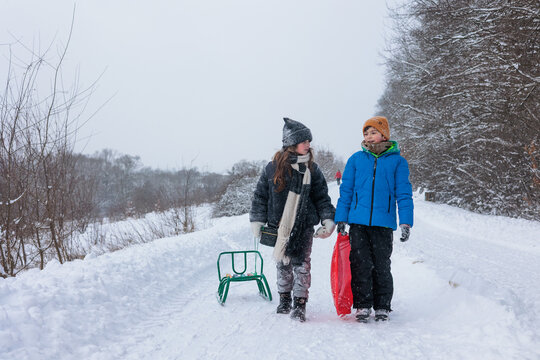 Children walking with sleds in snowy winter park. childhood interaction showing movement, seasonal recreation, and cold weather lifestyle. Concept of winter activities, outdoor play. Copyspace.  