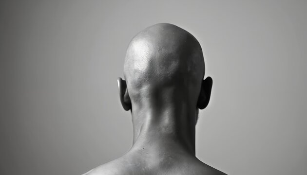 Bald person seen from behind in stark monochrome portrait. Minimalist composition focuses on skin texture, neck, ear shape. Evokes introspection, strength, human form. Neutral background creates - Powered by Adobe