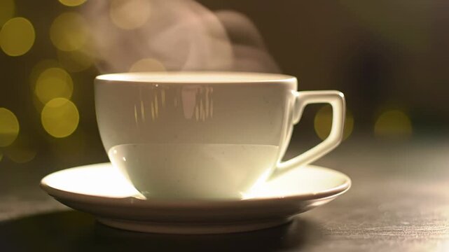 A pristine white ceramic coffee cup with matching saucer on a sleek dark minimalist studio surface, soft anamorphic flares, ethereal steam rising against a warm golden bokeh, concept of quiet luxury