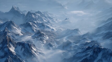 Aerial view of thousands of retired EVs filling frozen mountain valley, surreal landscape illustrating hidden environmental cost of green technology.