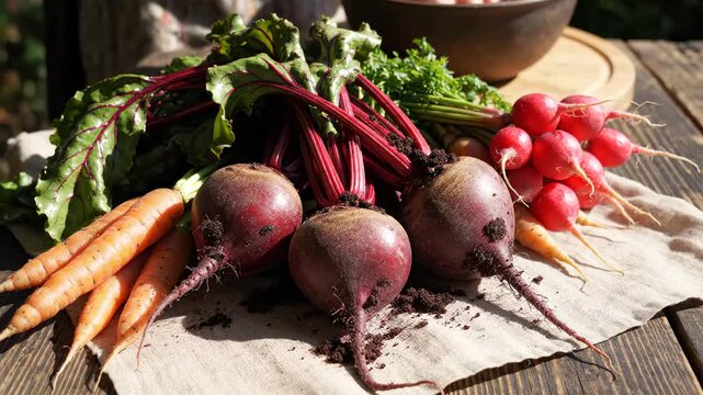Freshly Harvested Root Vegetables Assortment Displayed On Rustic Wooden Table Background For