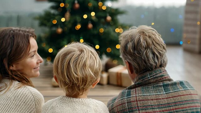 Family enjoying holiday moments together by the christmas tree with warm smiles and cozy atmosphere
