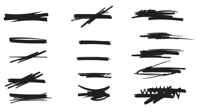 An artistic arrangement of abstract black brush strokes and swathes depicting various lines textures and dynamic forms on a bright white background
